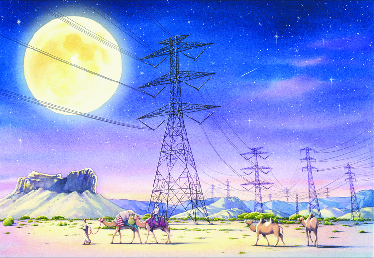 리야드 380kV 송전선로 공사 현장 상상 일러스트. 보라빛 하늘과 사막 위 낙타가 아름답다.